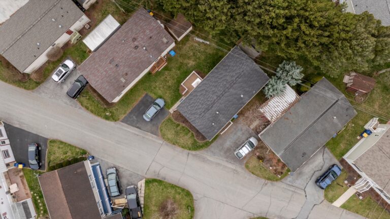 An aerial view of a quiet residential neighborhood.