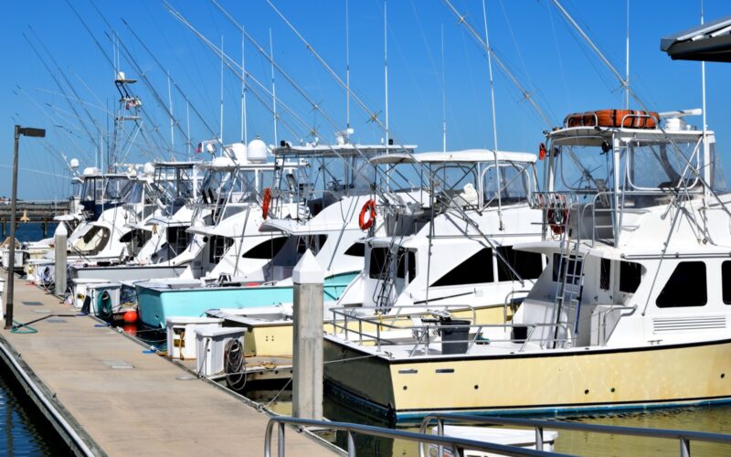 Fishing boats moored at a marina dock in St. Augustine, Florida.