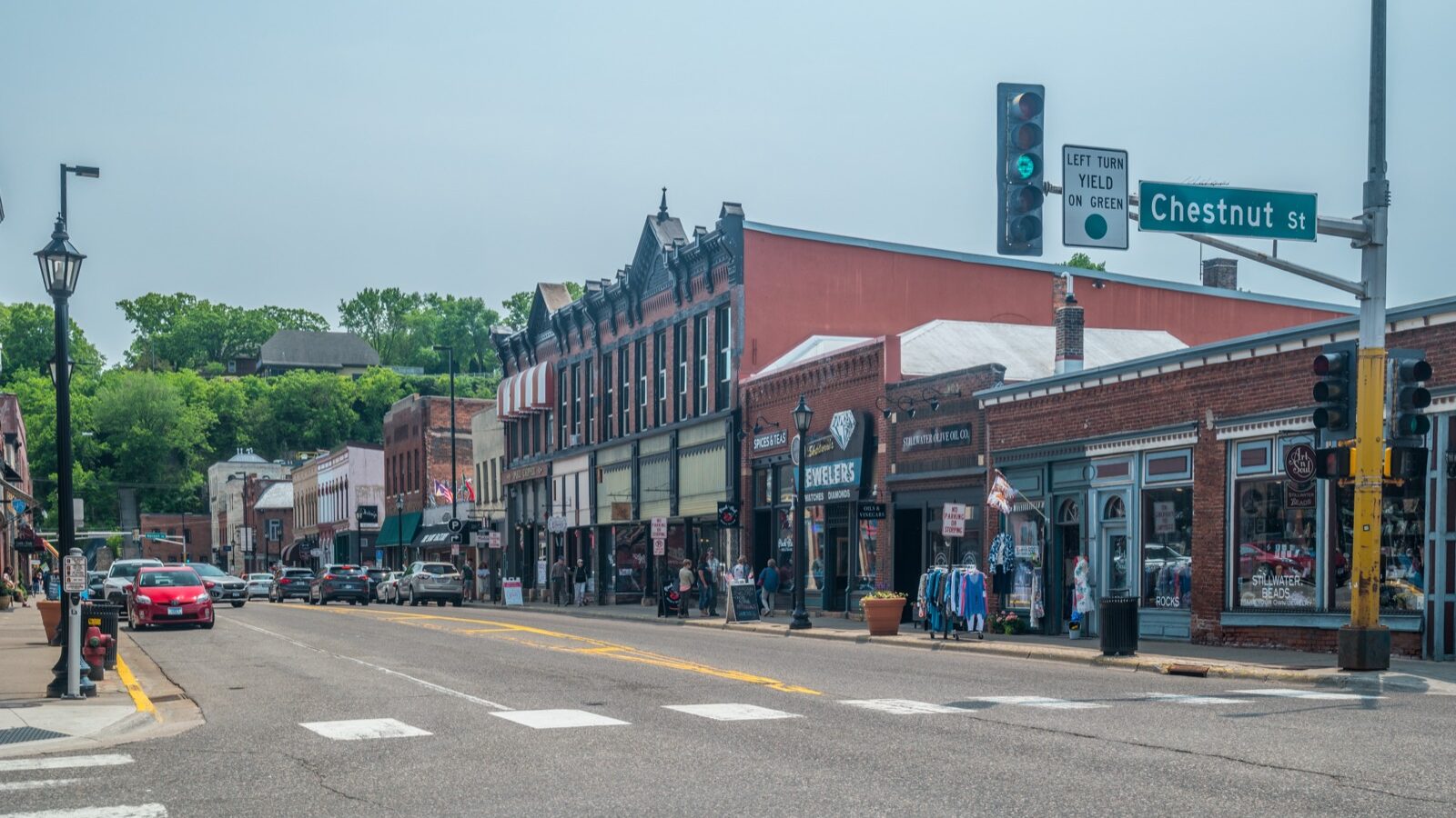 Shops and restaurants along a small-town main street.