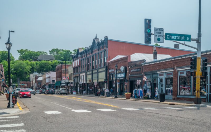 Shops and restaurants along a small-town main street.
